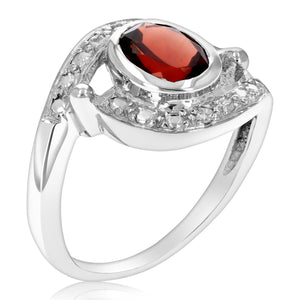 1.23 cttw Garnet and Diamond Ring .925 Sterling Silver with Rhodium Oval Shape