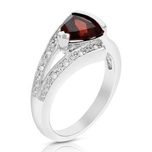 0.90 cttw Trillion Shape Garnet Ring .925 Sterling Silver with Rhodium 7 MM