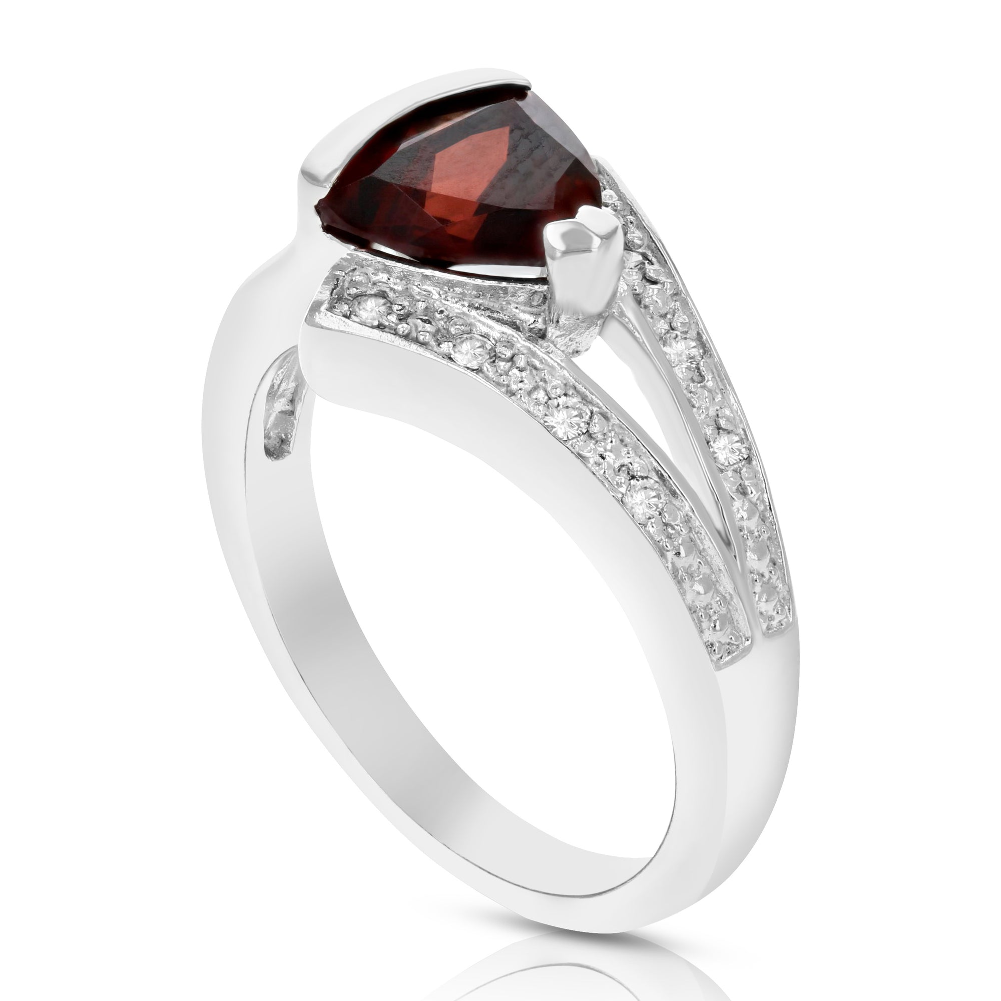 0.90 cttw Trillion Shape Garnet Ring .925 Sterling Silver with Rhodium 7 MM