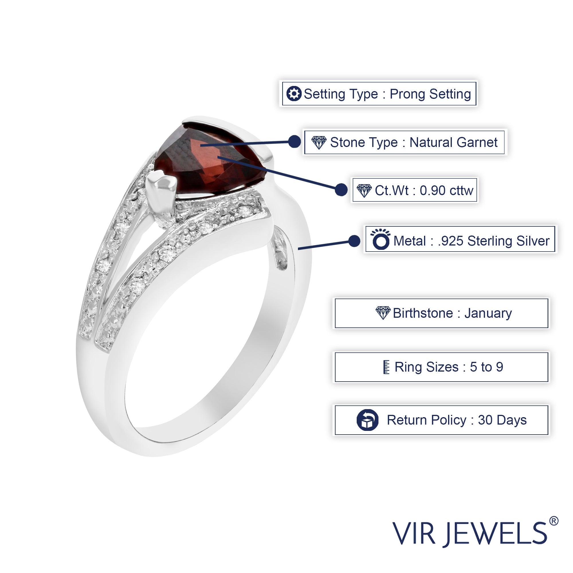 0.90 cttw Trillion Shape Garnet Ring .925 Sterling Silver with Rhodium 7 MM