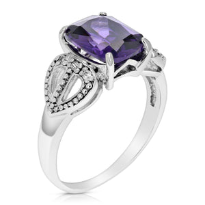 10x8 MM Purple Cubic Zirconia Ring .925 Sterling Silver with Rhodium Emerald