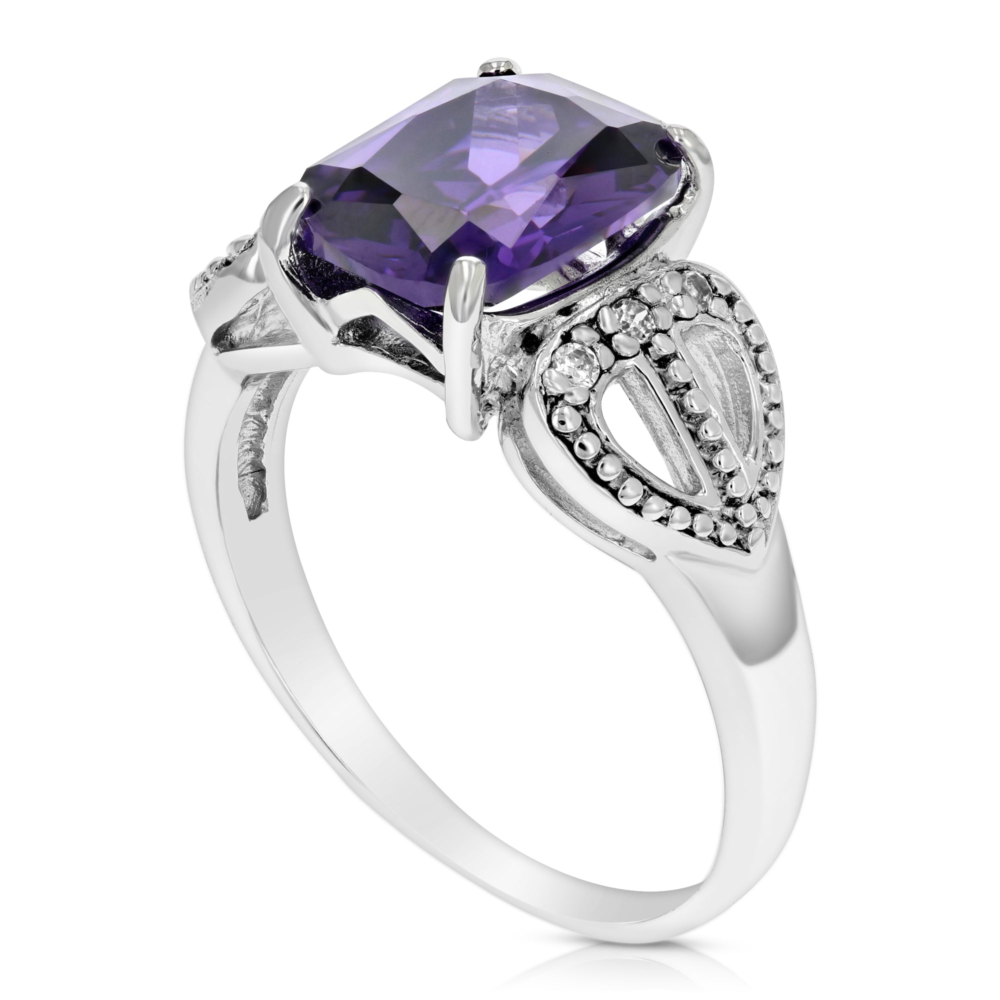 10x8 MM Purple Cubic Zirconia Ring .925 Sterling Silver with Rhodium Emerald