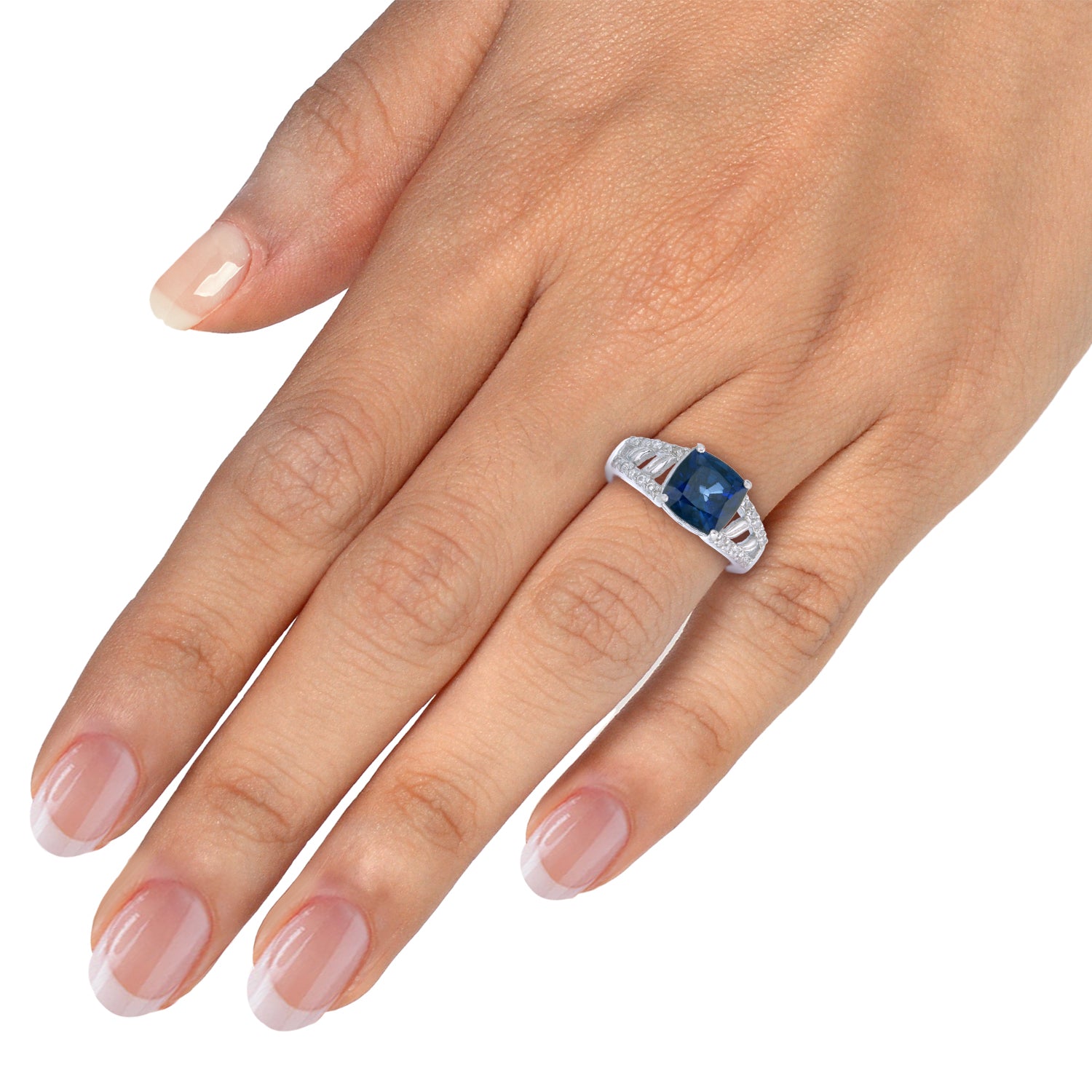 2.10 cttw Created Blue Sapphire Ring in .925 Sterling Silver Cushion 8 MM Size 7