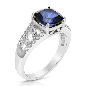 2.10 cttw Created Blue Sapphire Ring in .925 Sterling Silver Cushion 8 MM Size 7