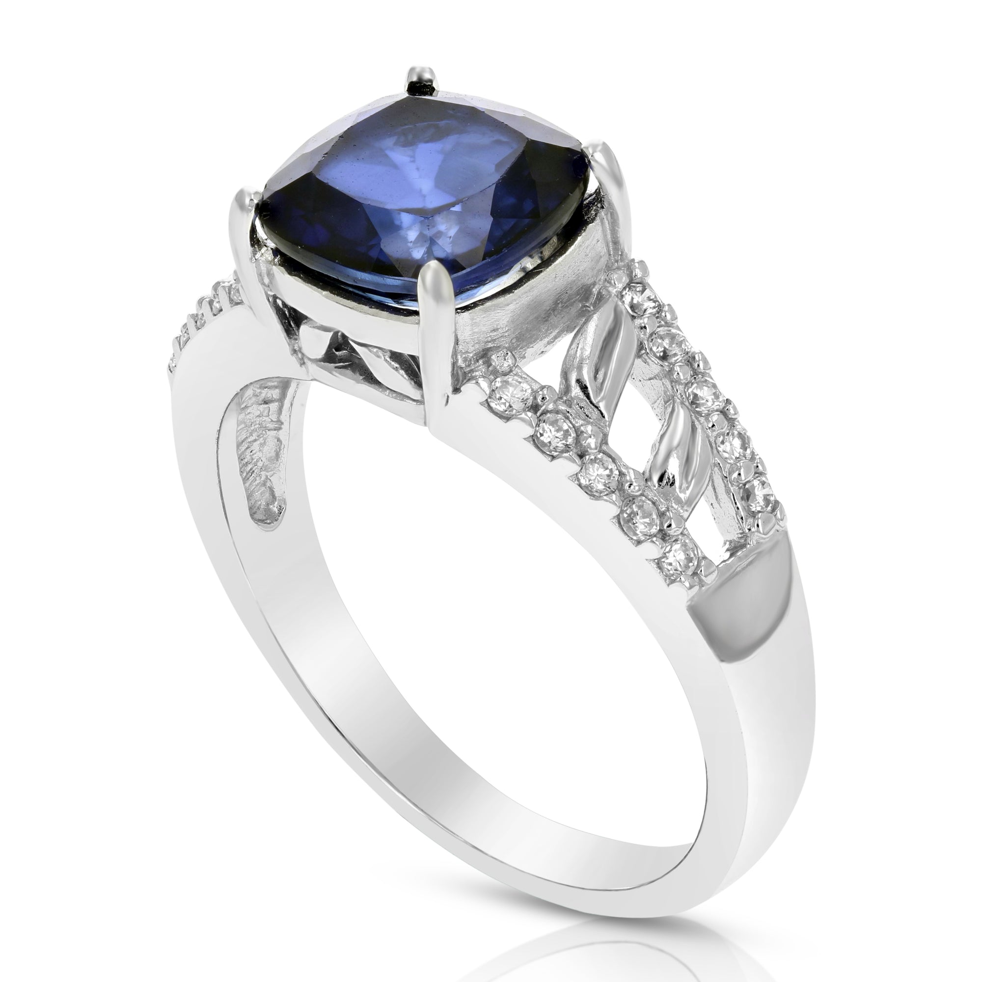 2.10 cttw Created Blue Sapphire Ring in .925 Sterling Silver Cushion 8 MM Size 7