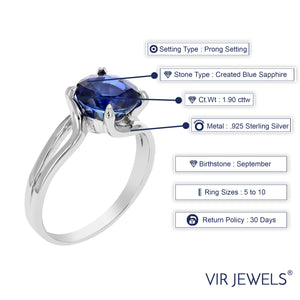1.90 cttw Created Blue Sapphire Ring .925 Sterling Silver Round 8 MM Size 7