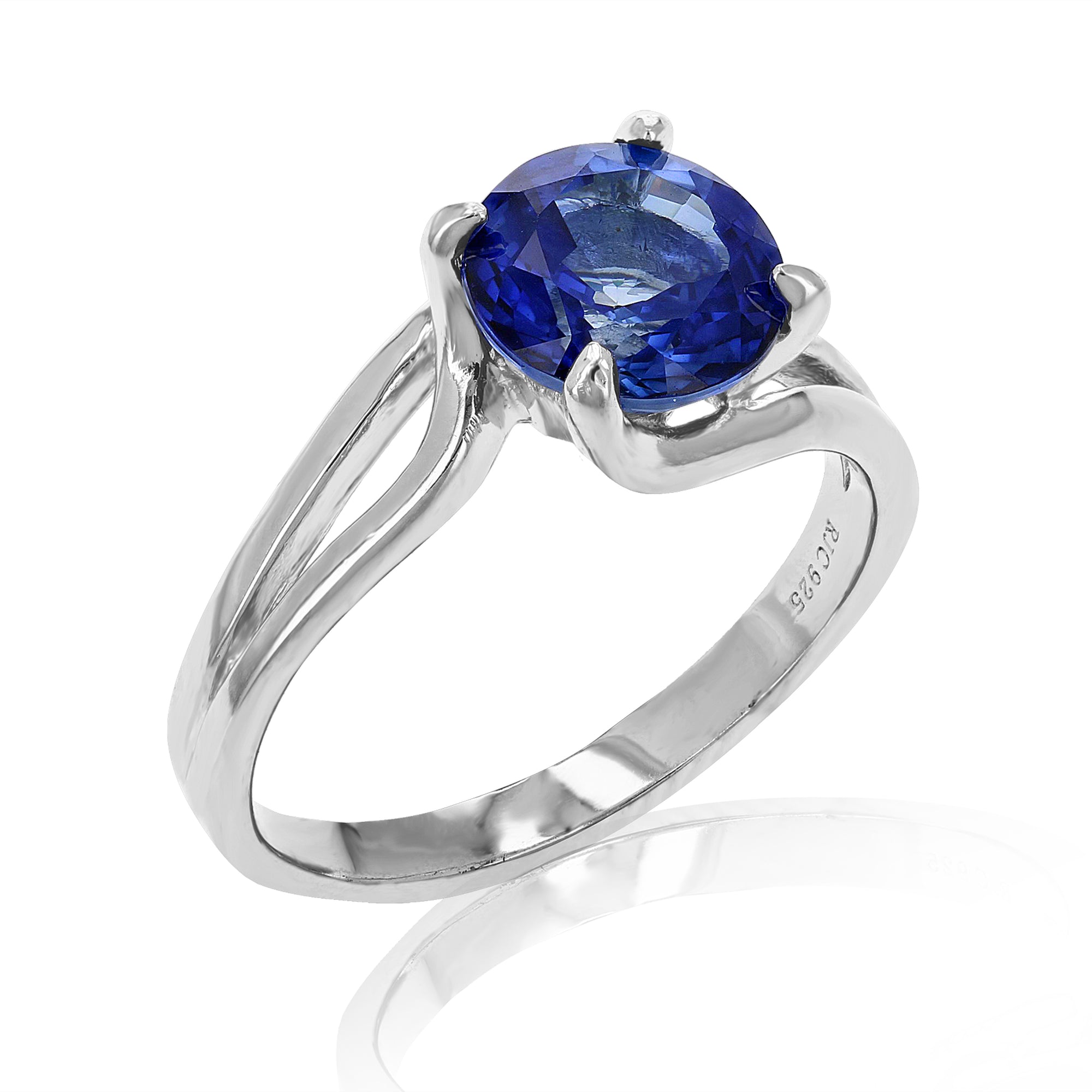 1.90 cttw Created Blue Sapphire Ring .925 Sterling Silver Round 8 MM Size 7