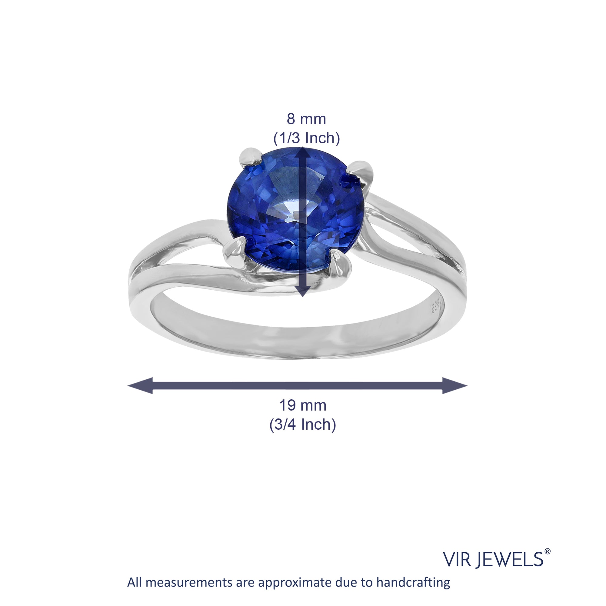 1.90 cttw Created Blue Sapphire Ring .925 Sterling Silver Round 8 MM Size 7