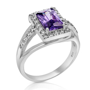 Purple Cubic Zirconia Ring .925 Sterling Silver with Rhodium Emerald 9x6 MM