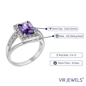 Purple Cubic Zirconia Ring .925 Sterling Silver with Rhodium Emerald 9x6 MM