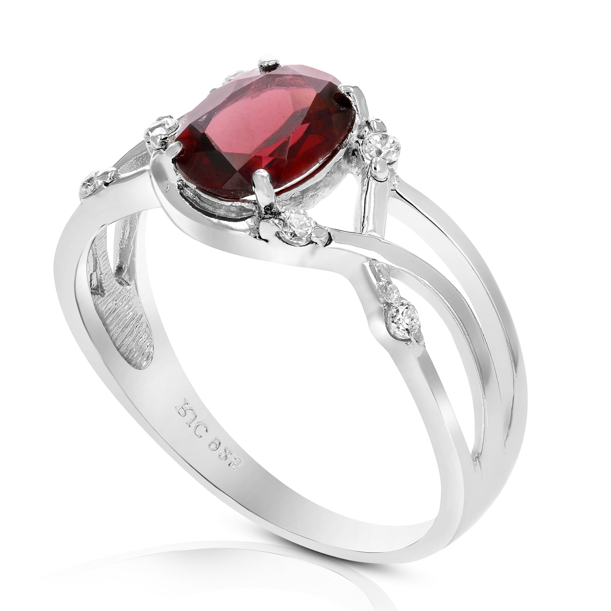 1.10 cttw Garnet Ring .925 Sterling Silver with Rhodium Oval Shape 8x6 MM