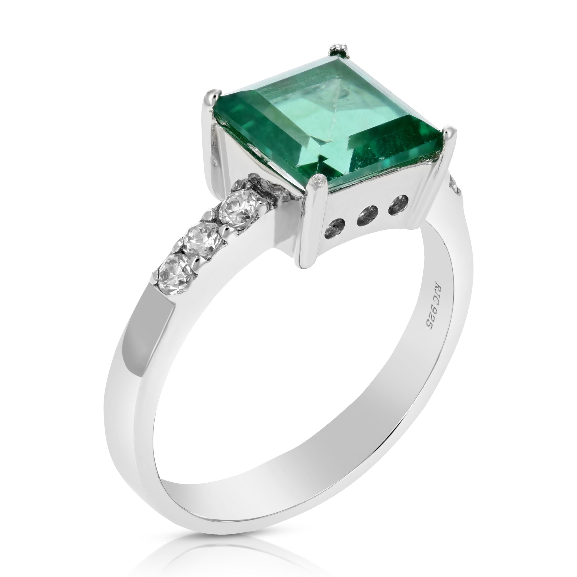 2 cttw Green Topaz Ring .925 Sterling Silver with Rhodium Princess Shape 8 MM