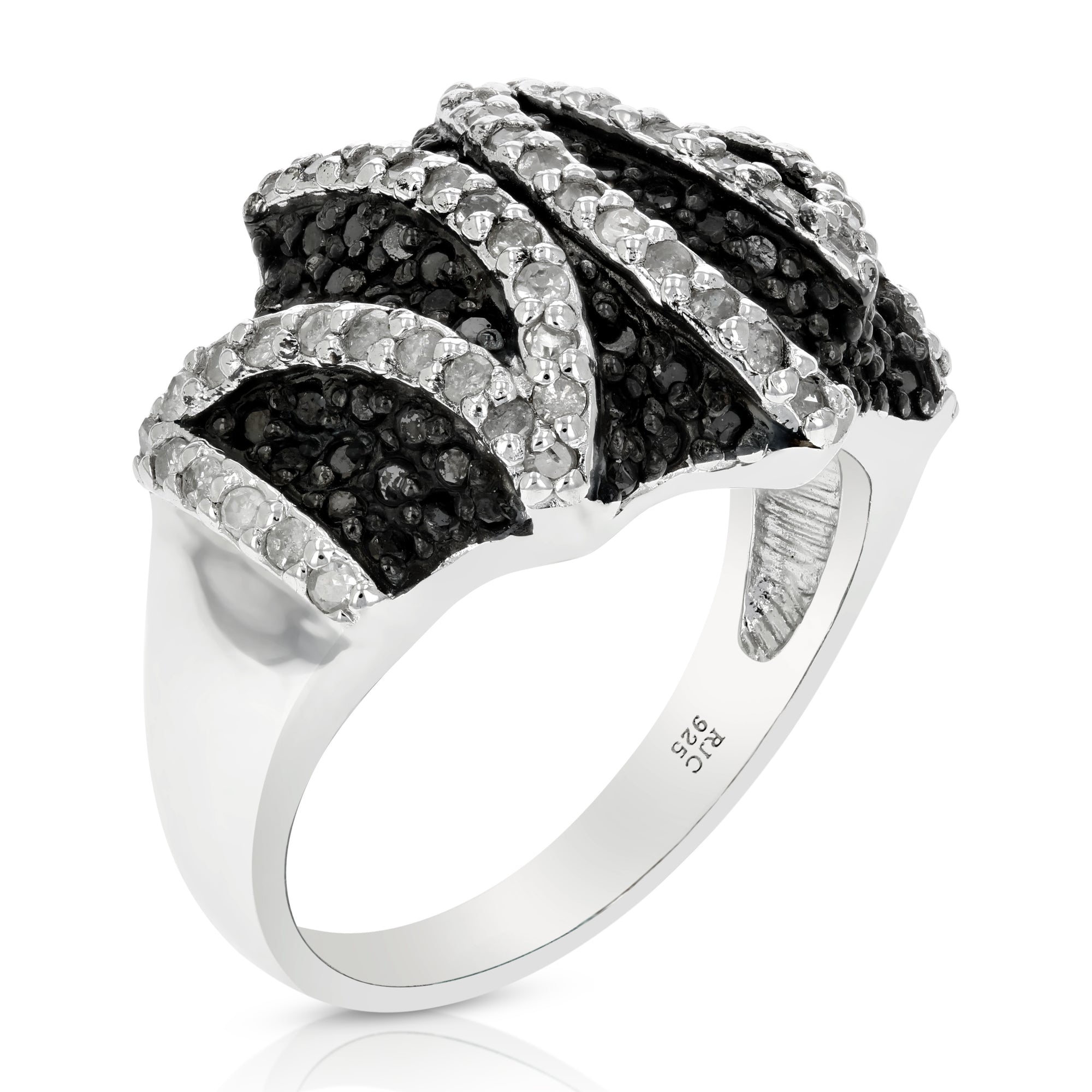 1.15 cttw Black and White Diamond Ring .925 Sterling Silver with Rhodium Size 7