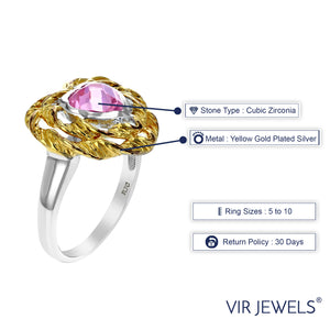 6 MM Pink Cubic Zirconia Heart Ring Yellow Gold Plated over Sterling Silver