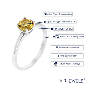 1.20 cttw Citrine Ring .925 Sterling Silver with Rhodium Solitaire Round 6 MM
