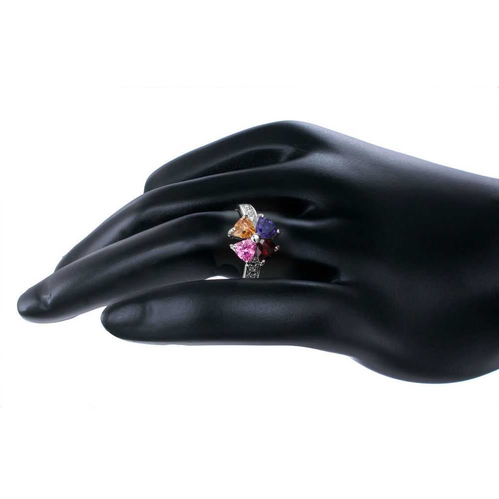Multi Color Cubic Zirconia Ring .925 Sterling Silver with Rhodium Triangle Shape