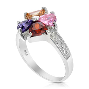 Multi Color Cubic Zirconia Ring .925 Sterling Silver with Rhodium Triangle Shape