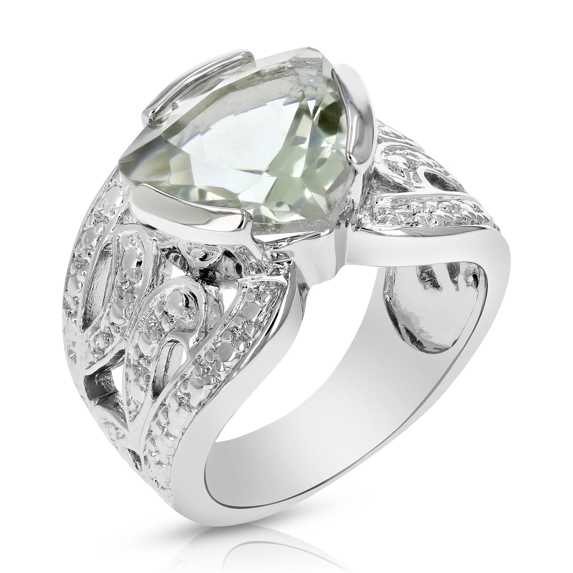 2 cttw Green Amethyst Ring .925 Sterling Silver with Rhodium Triangle 10 MM