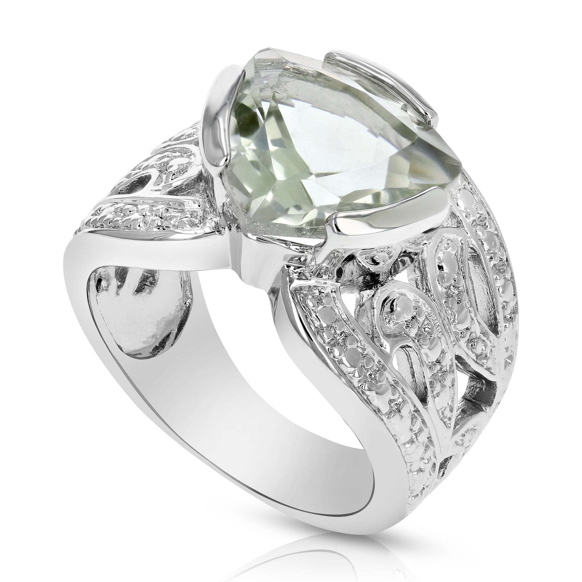 2 cttw Green Amethyst Ring .925 Sterling Silver with Rhodium Triangle 10 MM
