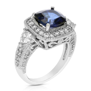 1.20 cttw Created Blue Sapphire Ring Brass with Rhodium Plating Cushion Cut 8 MM
