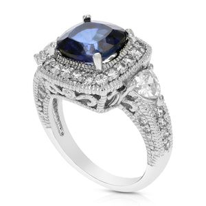 1.20 cttw Created Blue Sapphire Ring Brass with Rhodium Plating Cushion Cut 8 MM