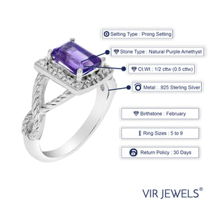 1/2 cttw Purple Amethyst Ring .925 Sterling Silver with Rhodium Emerald 7x5 MM