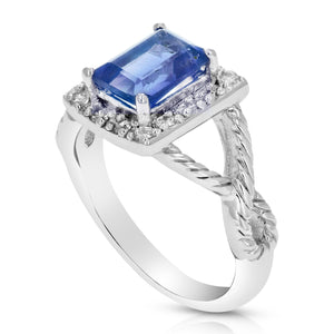 1 cttw Created Blue Sapphire Ring .925 Sterling Silver Rhodium Emerald 7x5 MM Size 7