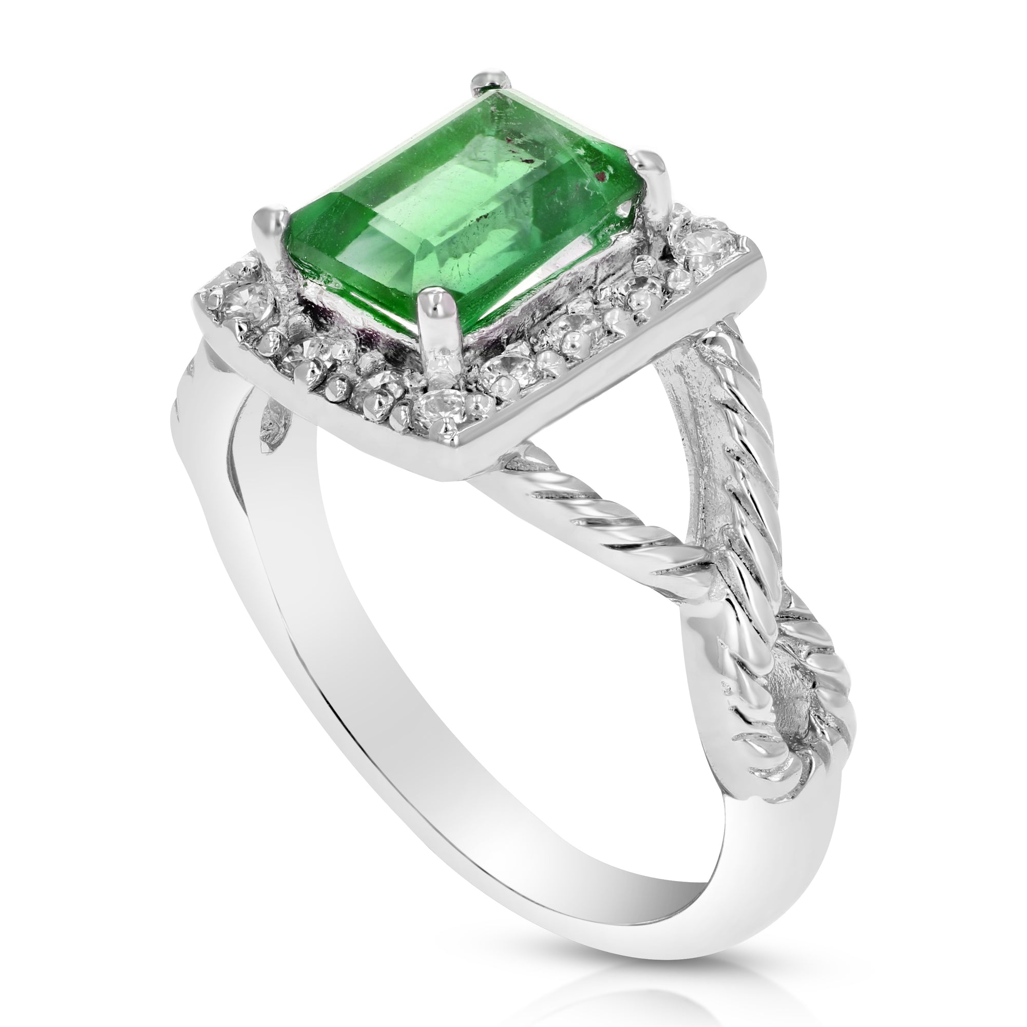 0.90 cttw Green Topaz Ring .925 Sterling Silver with Rhodium Emerald Cut 7x5 MM