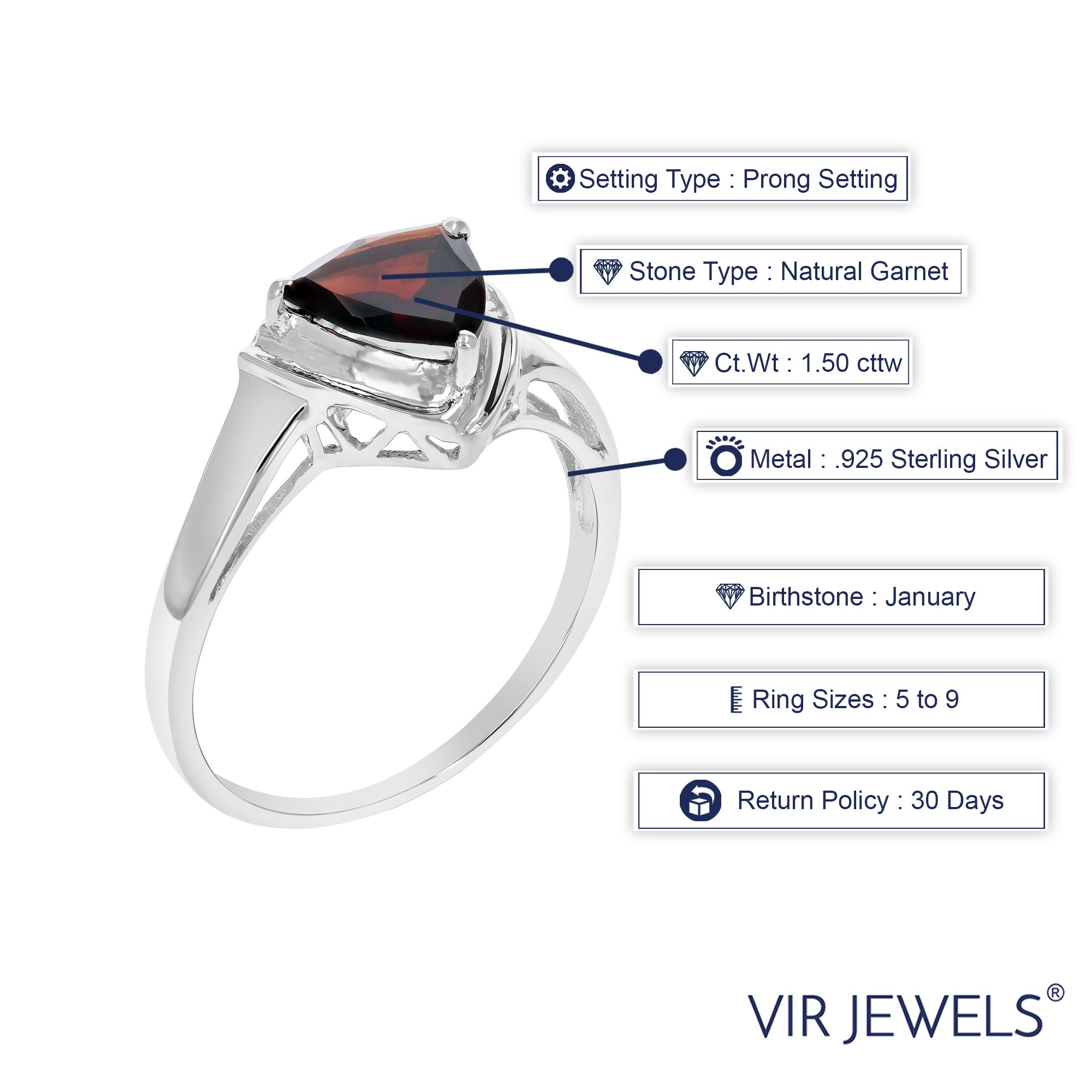 1.50 cttw Garnet Ring .925 Sterling Silver with Rhodium Plating Triangle Shape