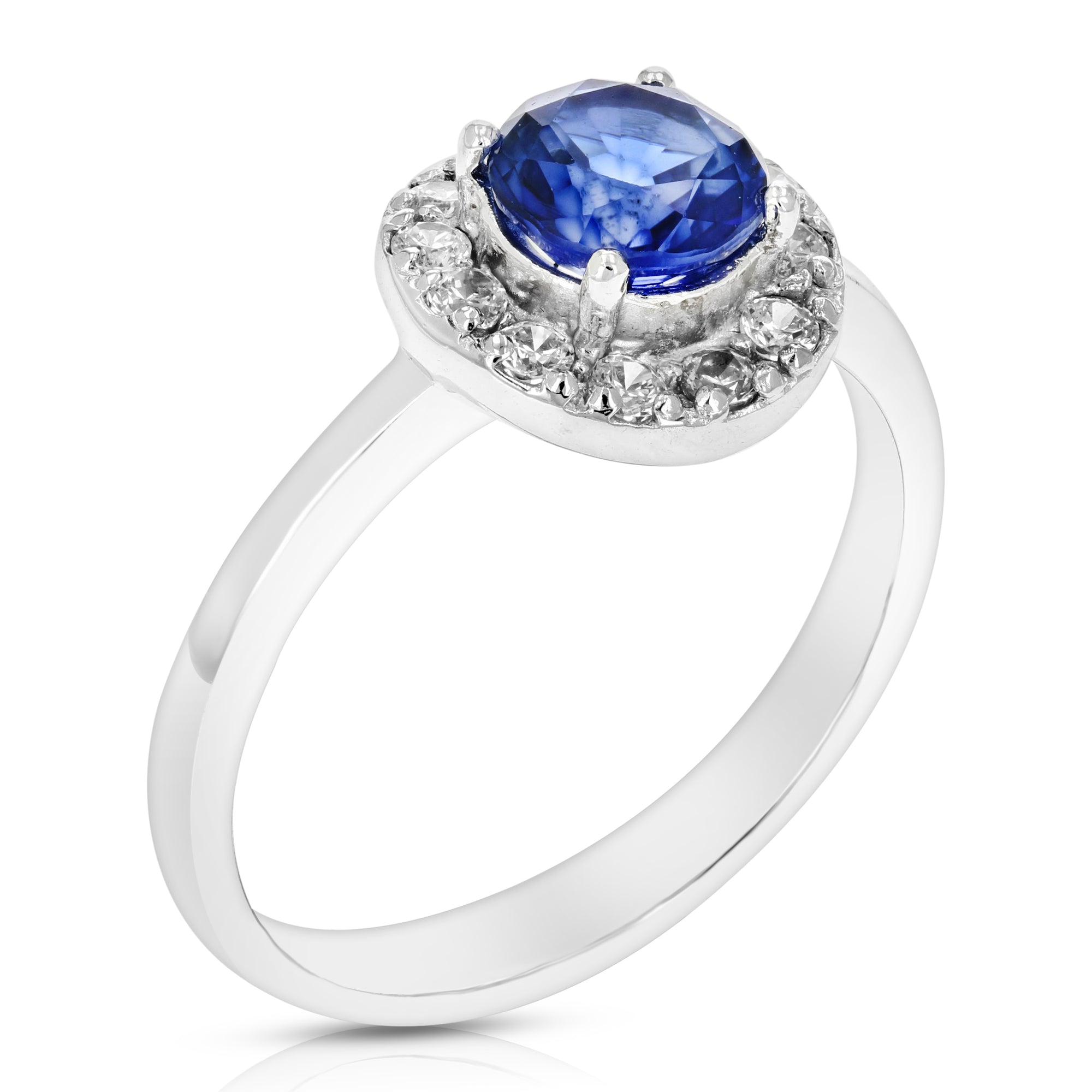 0.80 cttw Created Blue Sapphire Ring .925 Sterling Silver Rhodium Round 6 MM Size 7