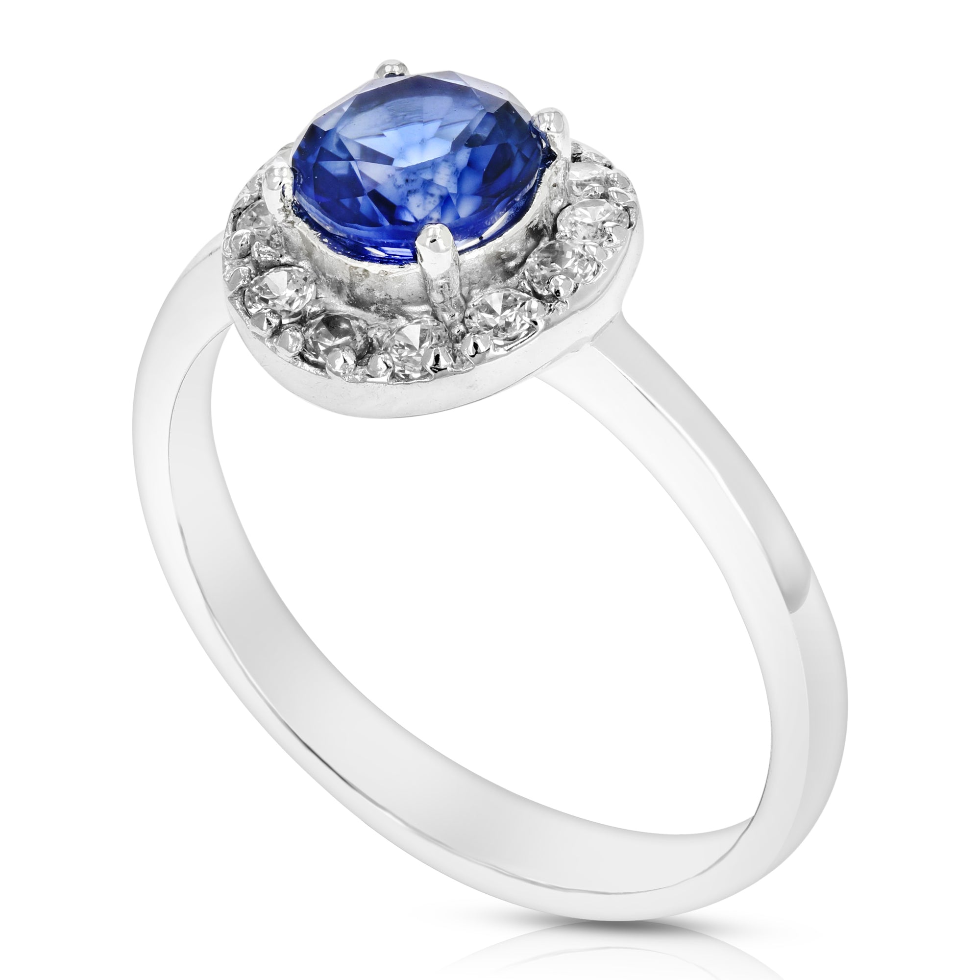 0.80 cttw Created Blue Sapphire Ring .925 Sterling Silver Rhodium Round 6 MM Size 7