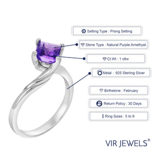 1 cttw Purple Amethyst Ring .925 Sterling Silver with Rhodium Princess 6 MM