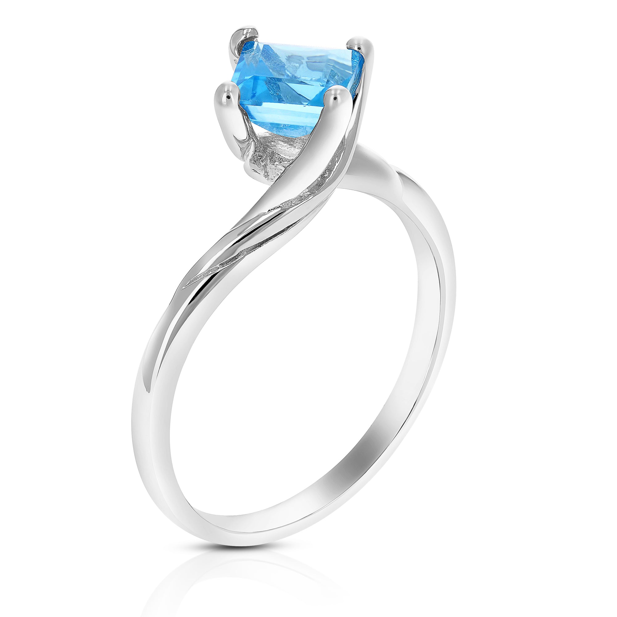 1 cttw Swiss Blue Topaz Ring in .925 Sterling Silver Rhodium Princess Shape 6 MM