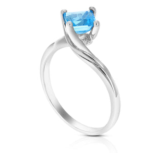 1 cttw Swiss Blue Topaz Ring in .925 Sterling Silver Rhodium Princess Shape 6 MM