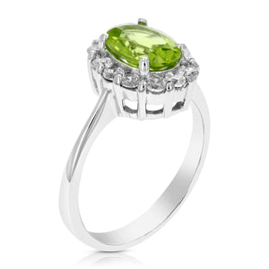 1 cttw Peridot Ring .925 Sterling Silver with Rhodium Plating Oval Shape 8x6 MM