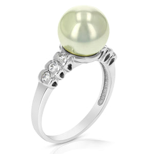 10 MM Glass Pearl Fashion Ring .925 Sterling Silver with Rhodium Plating