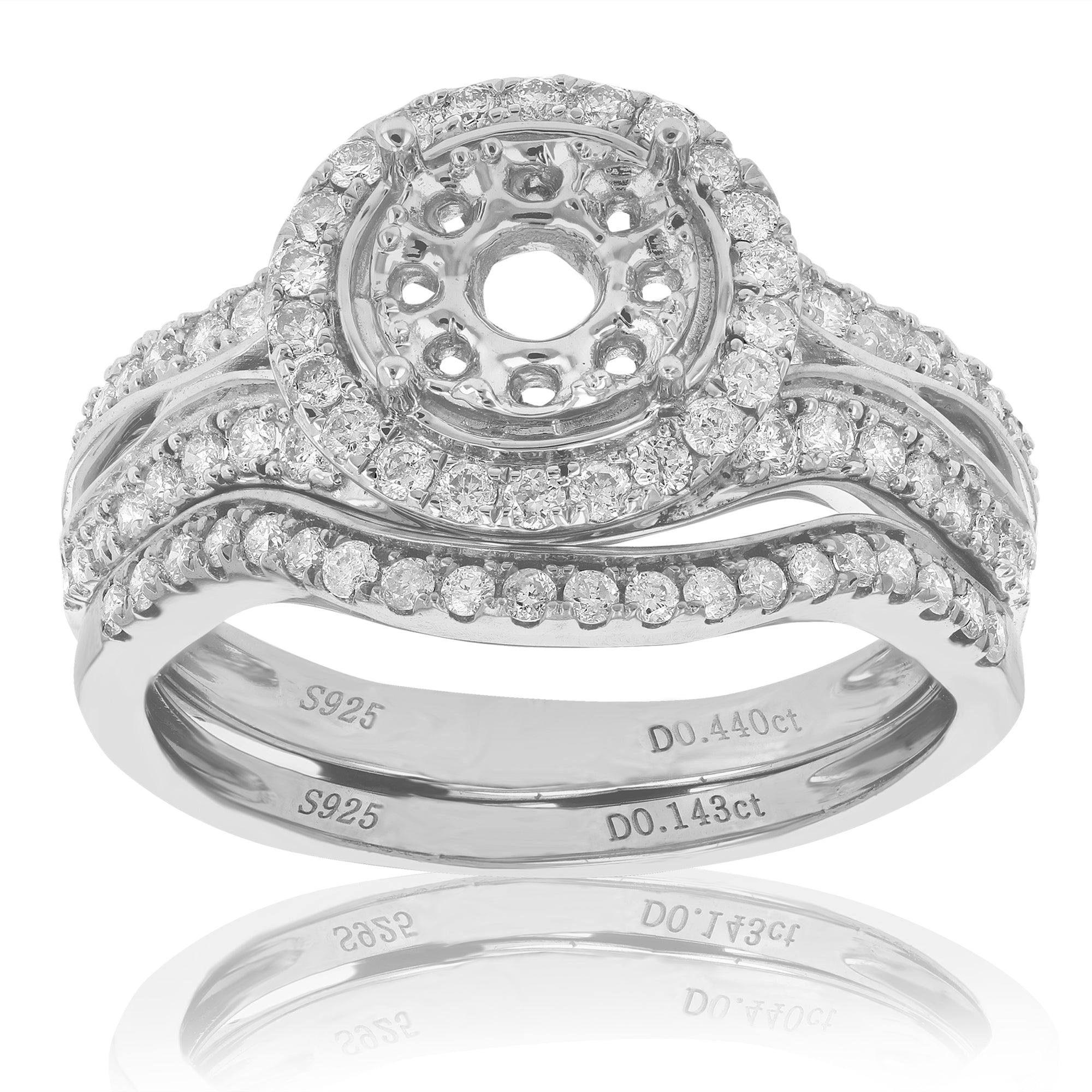 0.85 cttw Diamond Semi Mount Bridal Set .925 Sterling Silver Wedding Size 7
