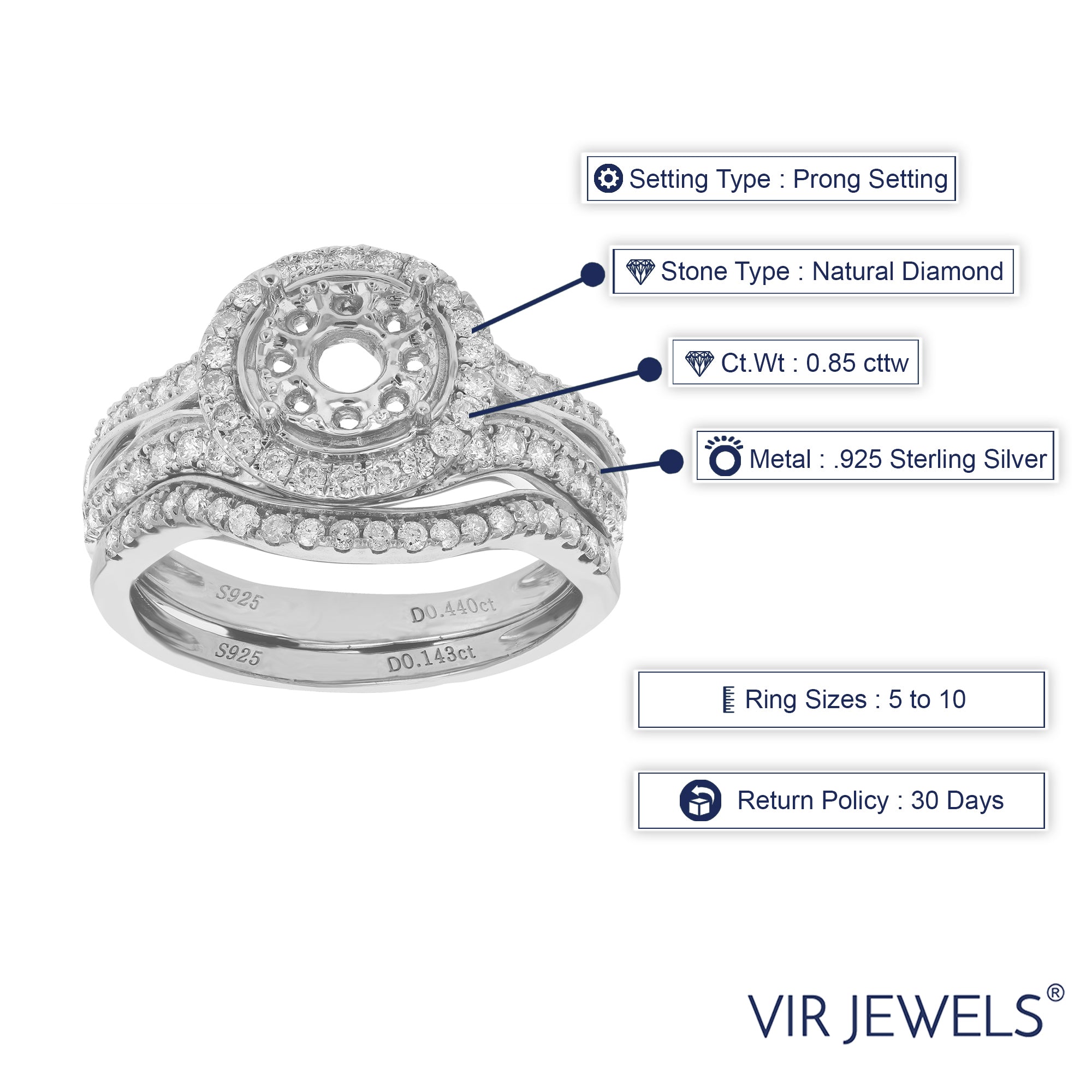 0.85 cttw Diamond Semi Mount Bridal Set .925 Sterling Silver Wedding Size 7