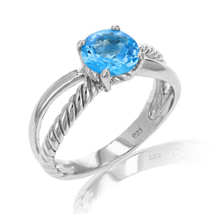 1.75 cttw 7 MM Round Blue Topaz Ring .925 Sterling Silver with Rhodium Plating