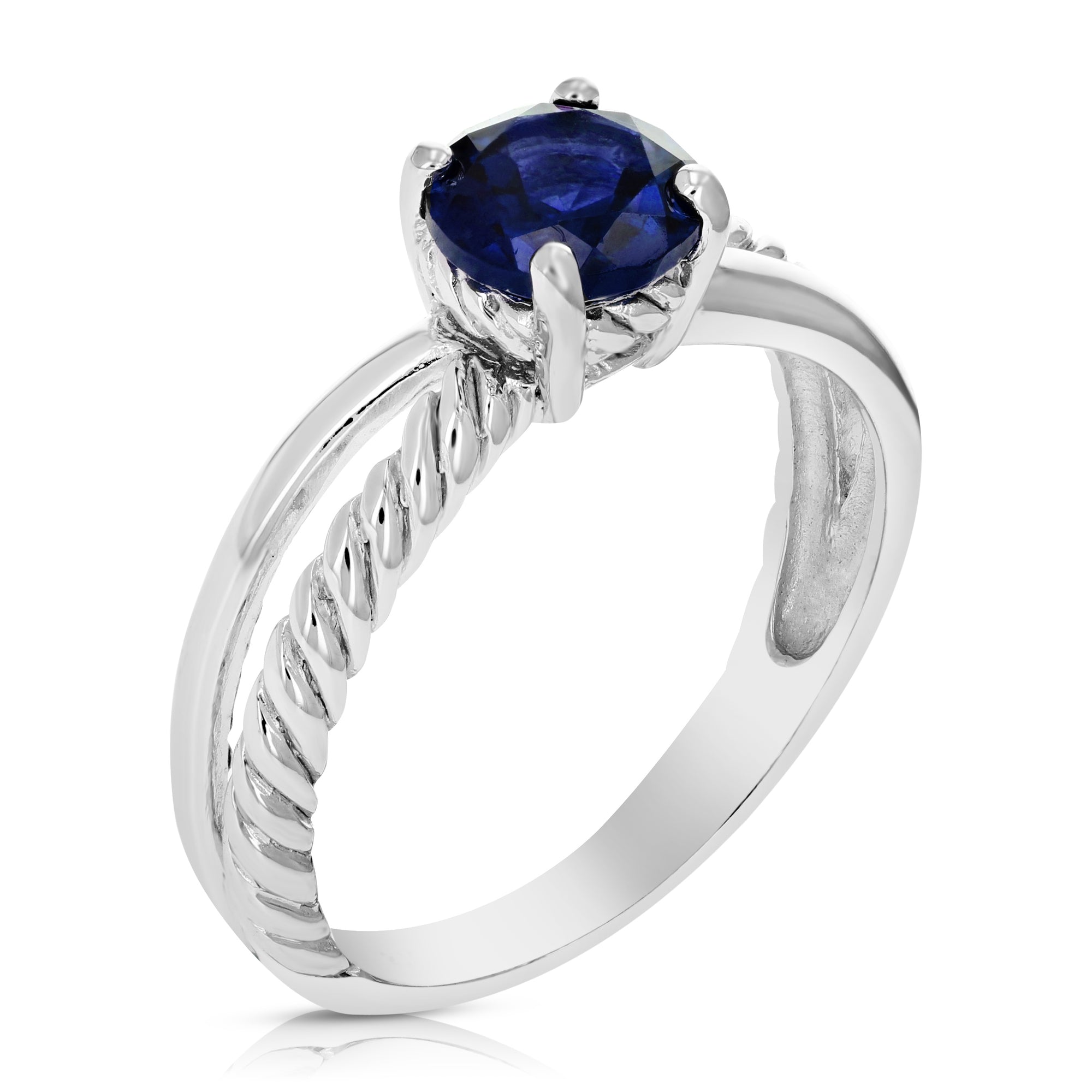1.90 cttw Created Blue Sapphire Ring .925 Sterling Silver Rhodium Round 8 MM Size 7