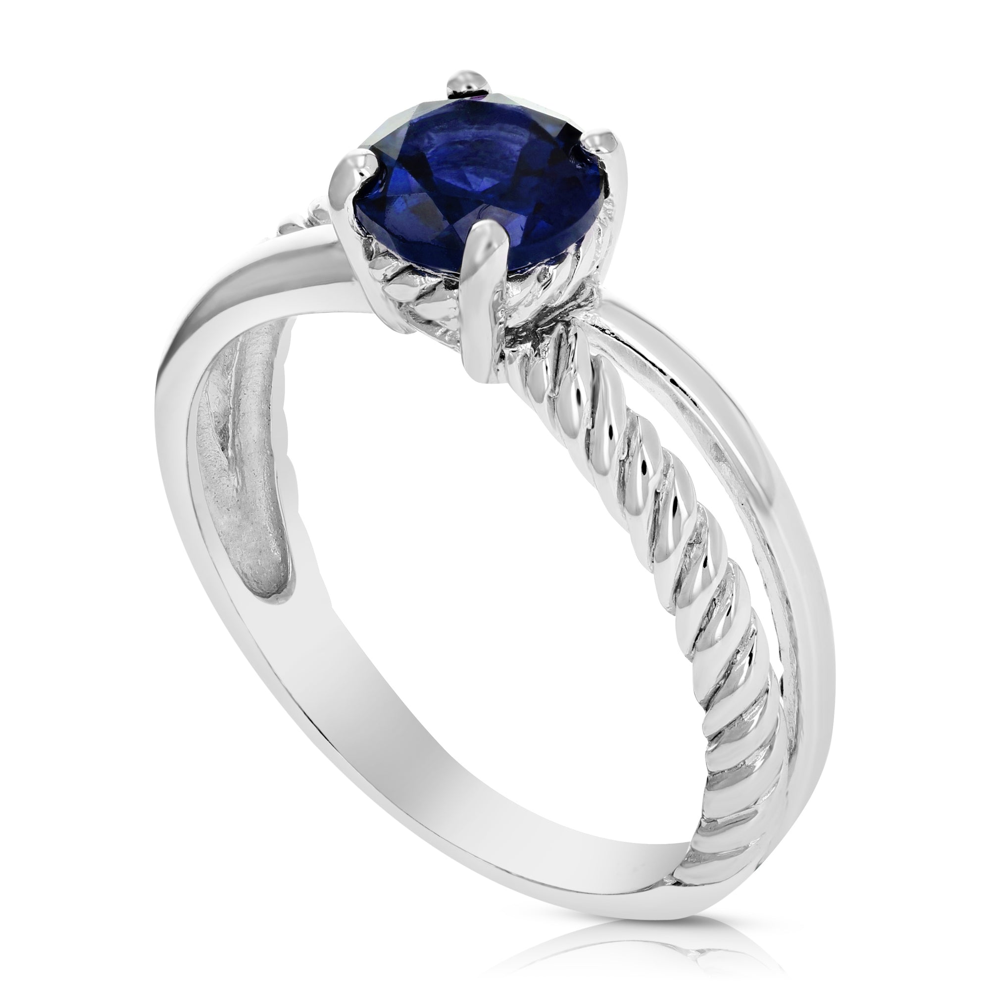 1.90 cttw Created Blue Sapphire Ring .925 Sterling Silver Rhodium Round 8 MM Size 7
