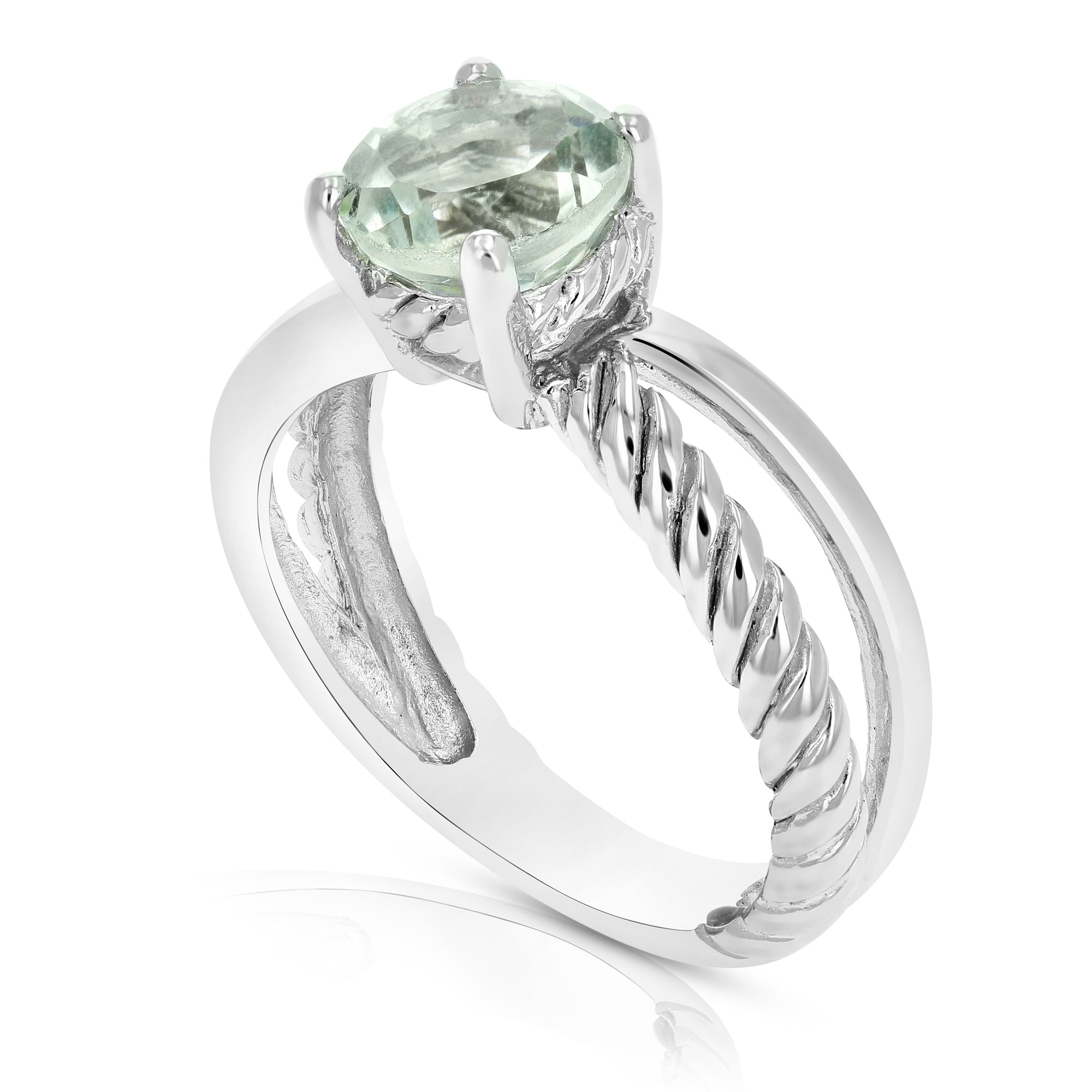0.80 cttw Green Amethyst Ring .925 Sterling Silver with Rhodium Round Shape 8 MM
