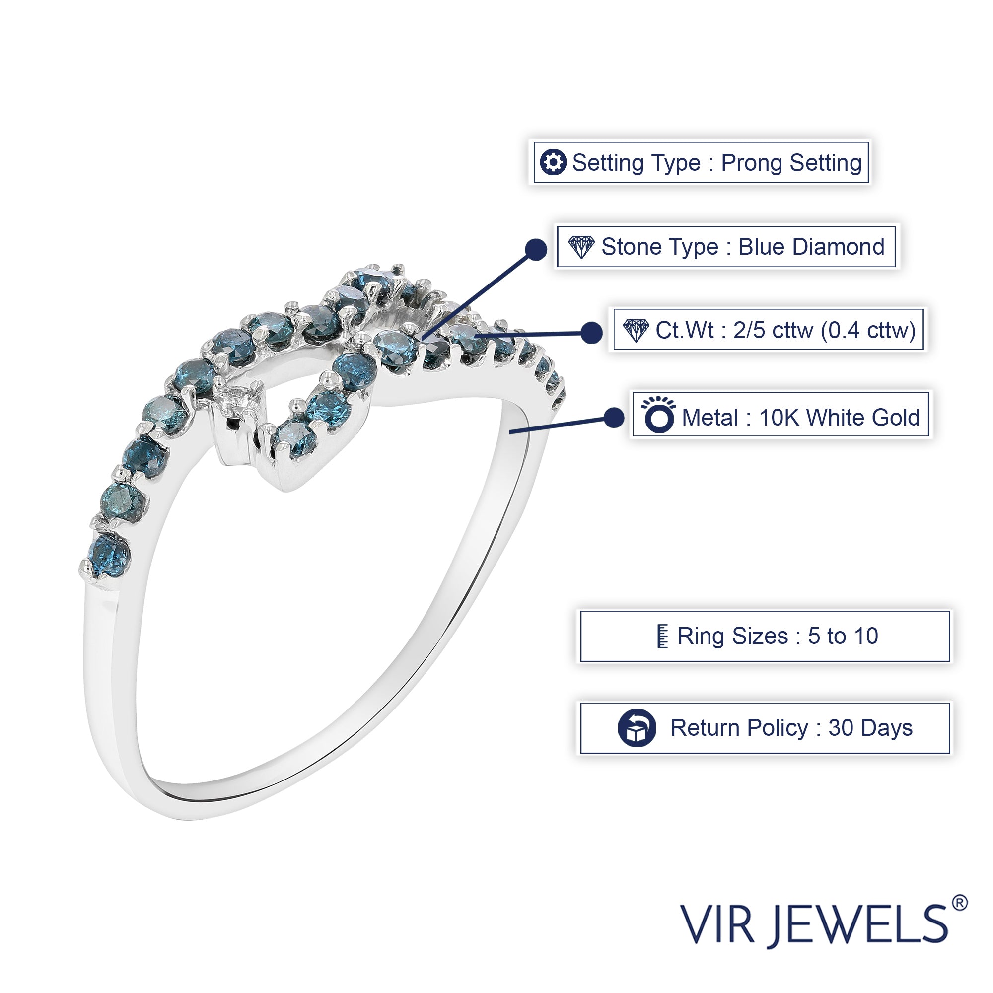 2/5 cttw Blue Diamond Ring Fashion Round 10K White Gold Size 7