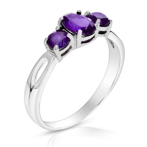 1.20 cttw 3 Stone Purple Amethyst Ring in .925 Sterling Silver Oval and Round