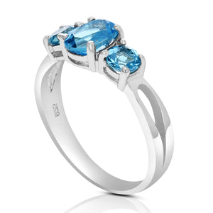 1.20 cttw Swiss 3 Stone Blue Topaz Ring .925 Sterling Silver with Rhodium Oval