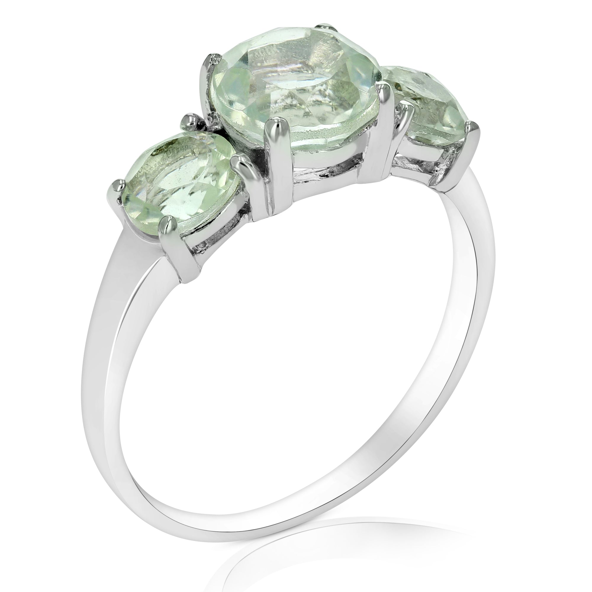 2.20 cttw 3 Stone Green Amethyst Ring .925 Sterling Silver with Rhodium Round