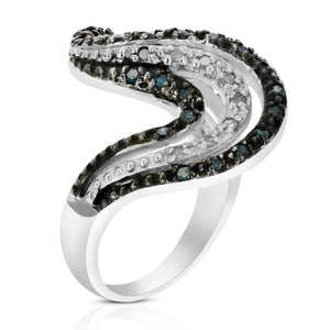 0.60 cttw Blue and White Diamond Wave Ring .925 Sterling Silver with Rhodium