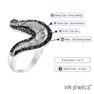 0.60 cttw Blue and White Diamond Wave Ring .925 Sterling Silver with Rhodium