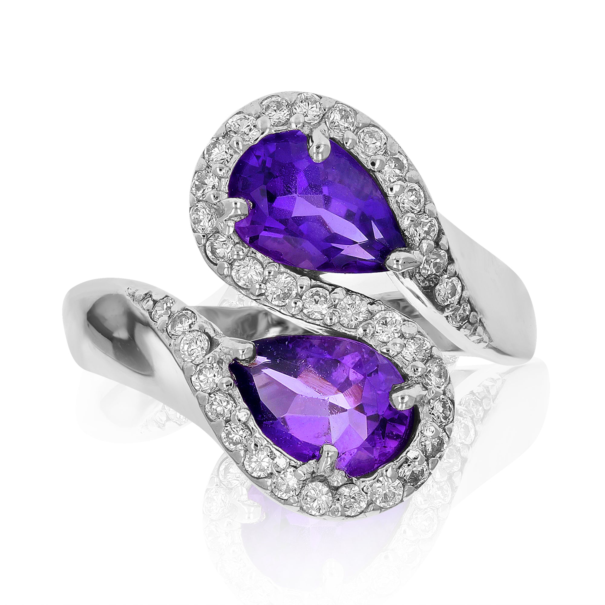 2.20 cttw Purple Amethyst Ring in .925 Sterling Silver with Rhodium Pear Shape
