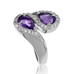 2.20 cttw Purple Amethyst Ring in .925 Sterling Silver with Rhodium Pear Shape